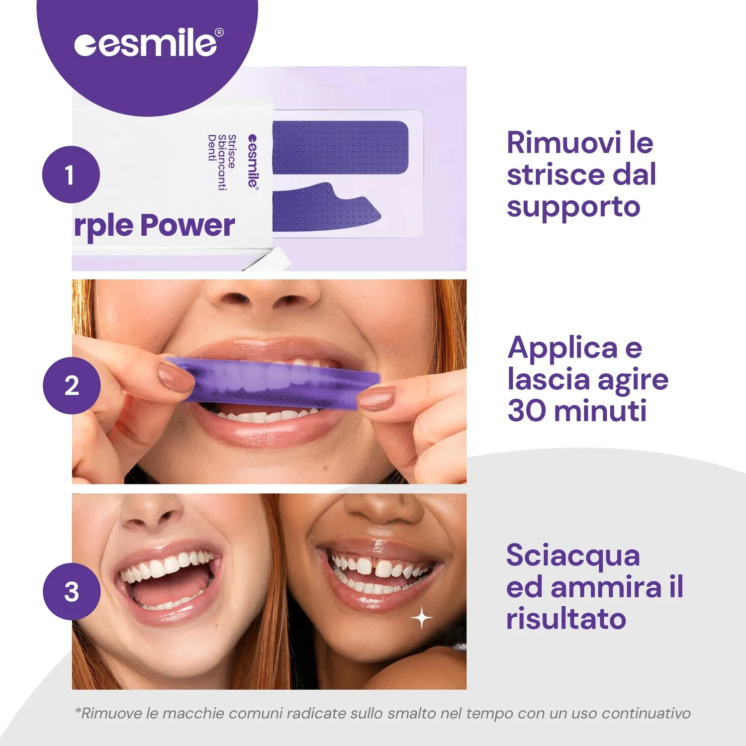 esmile strisce sbiancanti viola 28 pezzi senza perossido